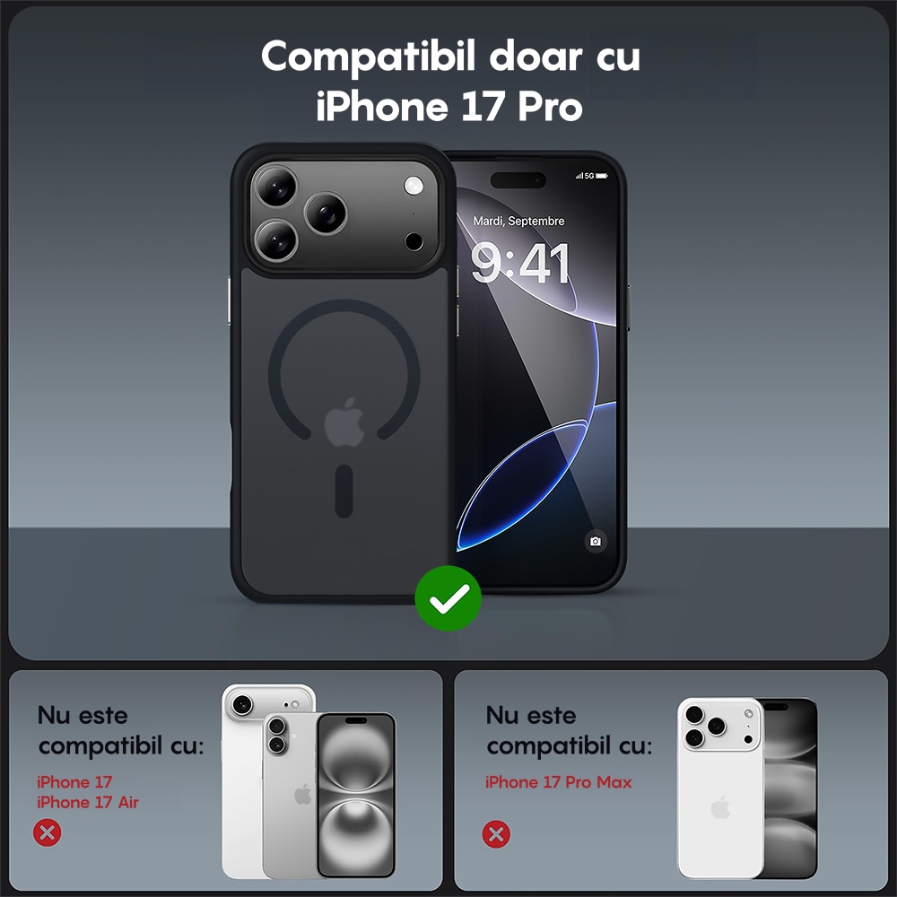 Husa compatibila cu Incarcare Magsafe pentru Apple iPhone 17 Pro, CASEY STUDIOS™, de Protectie, Slim, pentru Incarcare Wireless, Margini Ridicate pentru Protectia Ecranului si a Camerelor, Negru