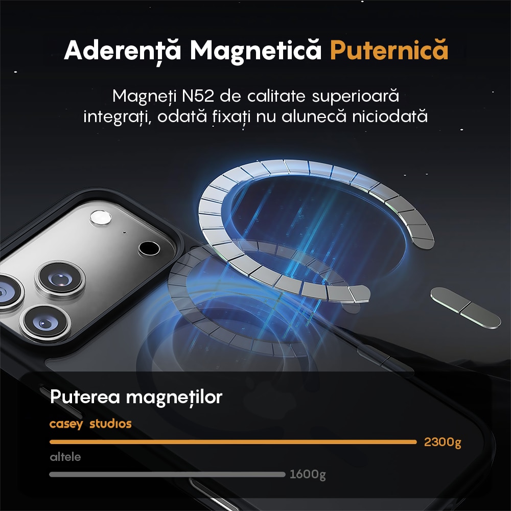 Husa compatibila cu Incarcare Magsafe pentru Apple iPhone 17 Pro, CASEY STUDIOS™, de Protectie, Slim, pentru Incarcare Wireless, Margini Ridicate pentru Protectia Ecranului si a Camerelor, Negru