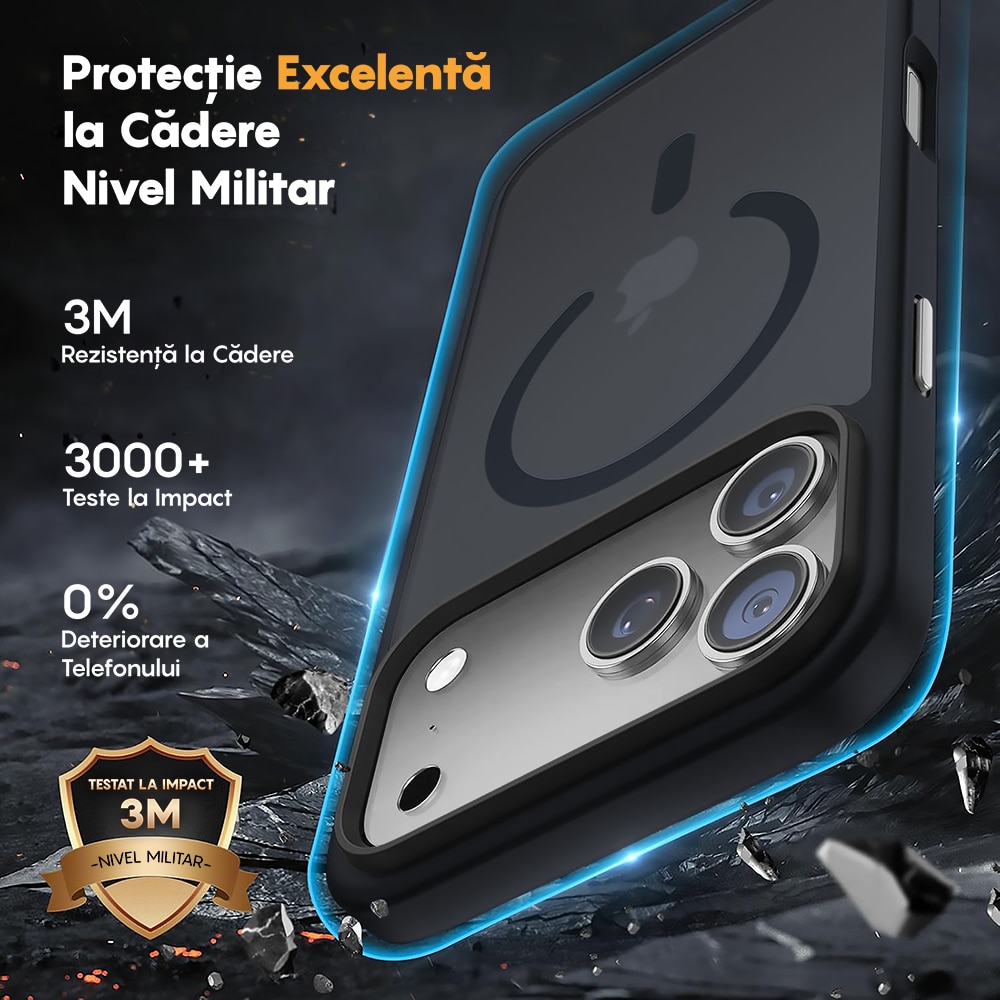 Husa compatibila cu Incarcare Magsafe pentru Apple iPhone 17 Pro, CASEY STUDIOS™, de Protectie, Slim, pentru Incarcare Wireless, Margini Ridicate pentru Protectia Ecranului si a Camerelor, Negru