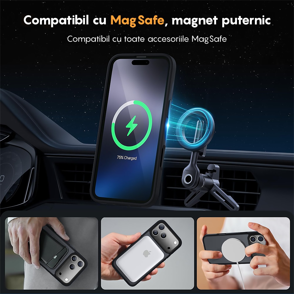 Husa compatibila cu Incarcare Magsafe pentru Apple iPhone 17 Pro, CASEY STUDIOS™, de Protectie, Slim, pentru Incarcare Wireless, Margini Ridicate pentru Protectia Ecranului si a Camerelor, Negru
