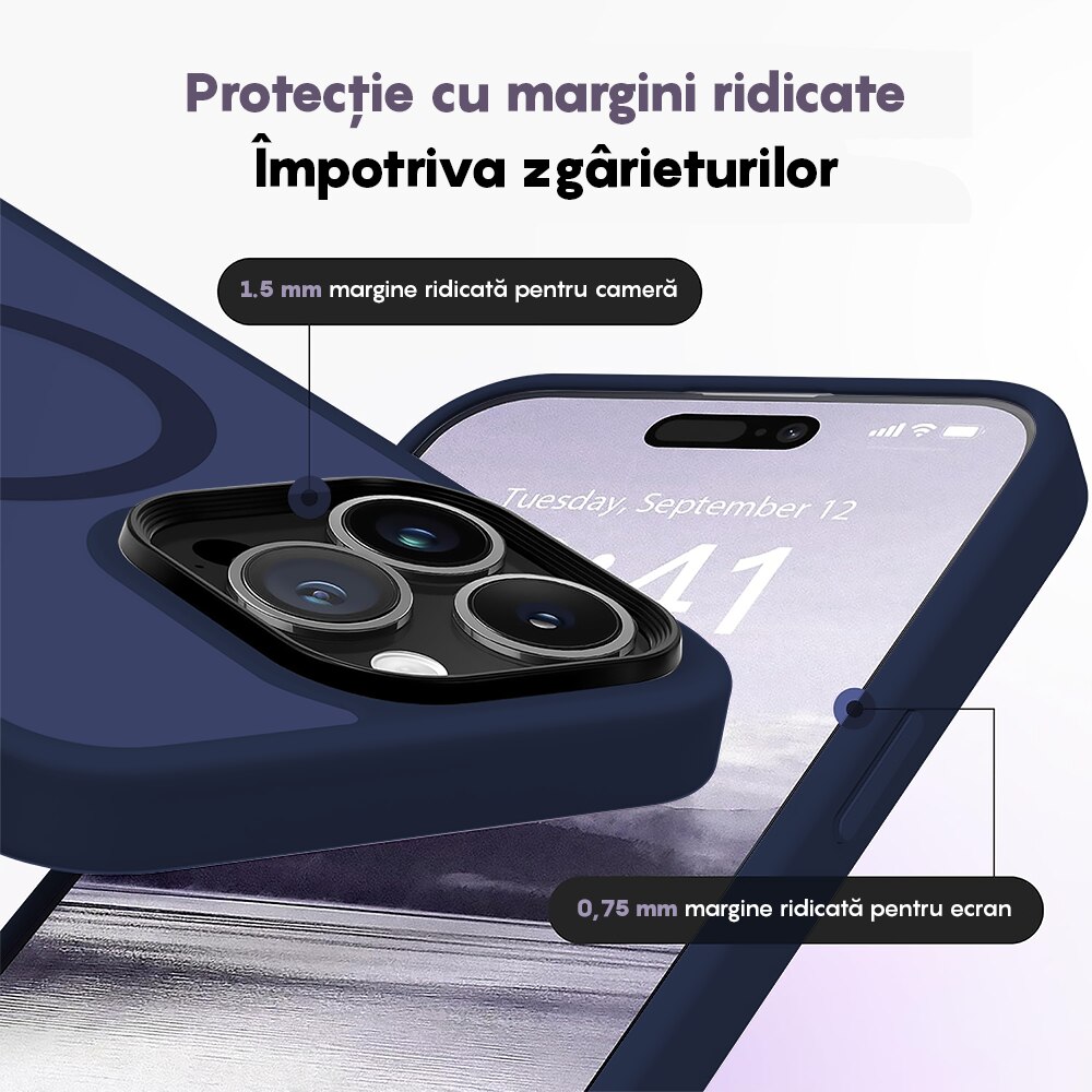 Husa compatibila cu Incarcare Magsafe pentru pentru Apple iPhone 16 Pro Max, CASEY STUDIOS™, Slim, Margini Ridicate pentru Protectia Ecranului si a Camerelor, pentru Incarcare Wireless, Albastru inchis