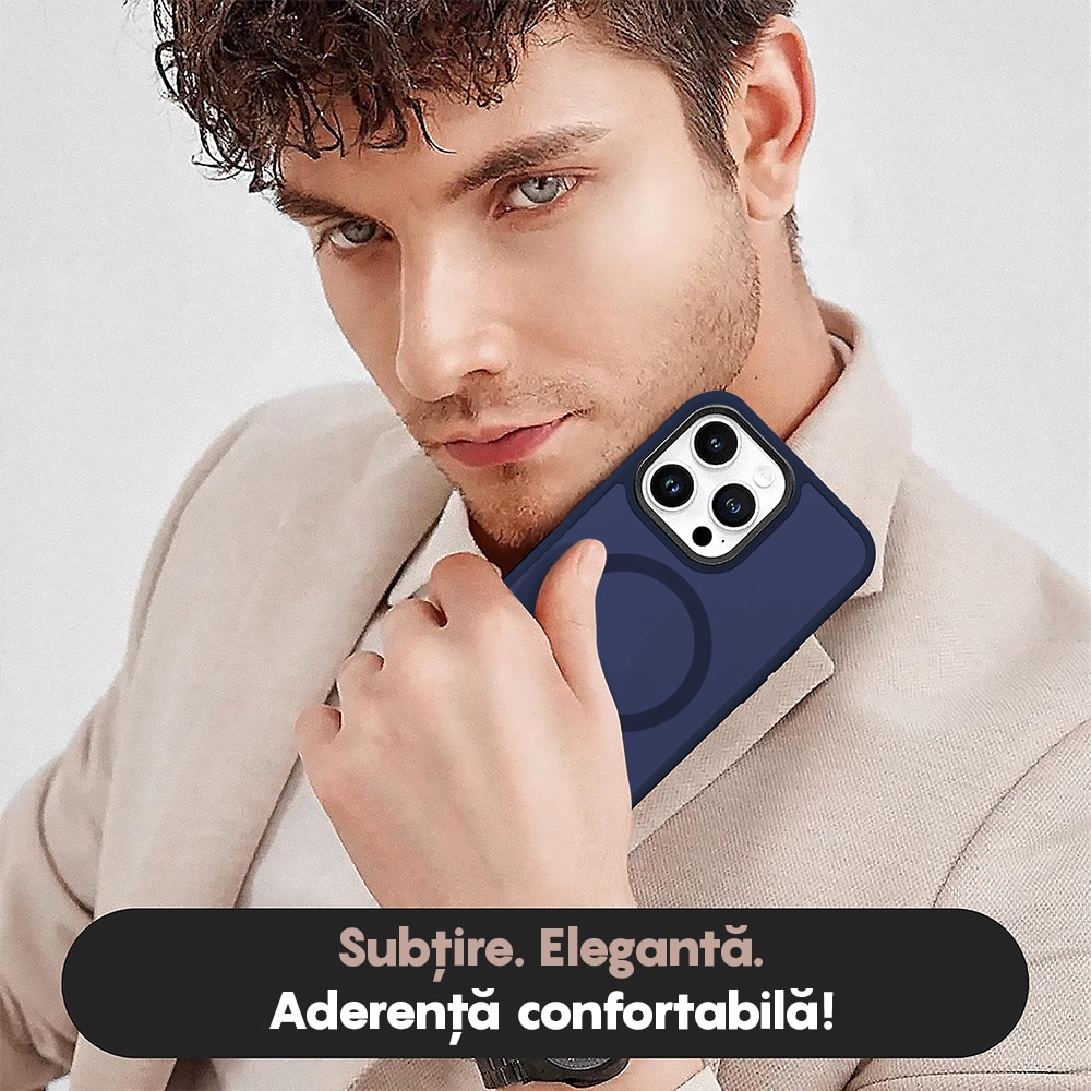 Husa compatibila cu Incarcare Magsafe pentru pentru Apple iPhone 16 Pro Max, CASEY STUDIOS™, Slim, Margini Ridicate pentru Protectia Ecranului si a Camerelor, pentru Incarcare Wireless, Albastru inchis
