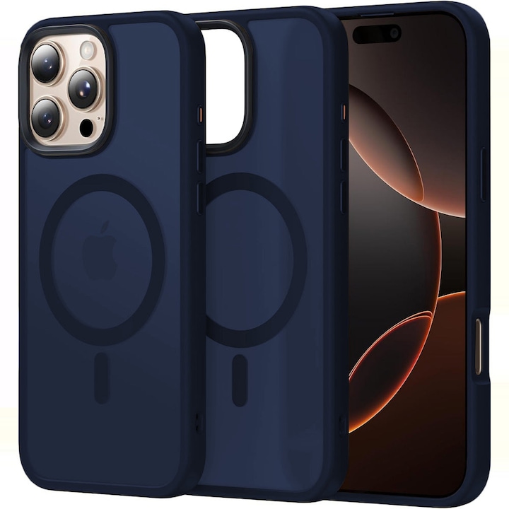Husa compatibila cu Incarcare Magsafe pentru pentru Apple iPhone 16 Pro Max, CASEY STUDIOS™, Slim, Margini Ridicate pentru Protectia Ecranului si a Camerelor, pentru Incarcare Wireless, Albastru inchis