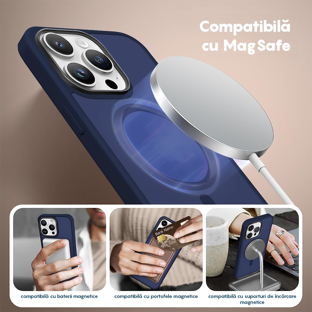 Husa compatibila cu Incarcare Magsafe pentru pentru Apple iPhone 16 Pro Max, CASEY STUDIOS™, Slim, Margini Ridicate pentru Protectia Ecranului si a Camerelor, pentru Incarcare Wireless, Albastru inchis