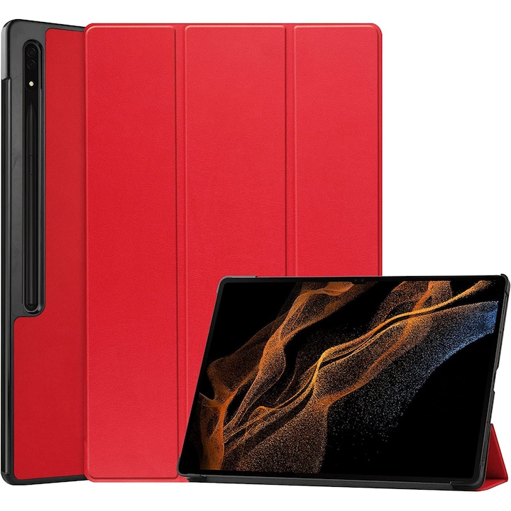 Husa Slim Sigloo, Smart Cover, Trifold, pentru tableta Samsung Galaxy Tab S8 Plus (X800/X806), S7 FE (T730/T733/T736B), S7 Plus (T970/T976B), 12.4 Inch, model Simple Red