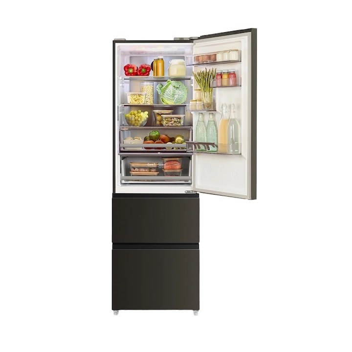 Frigider No Frost French Door cu usi din sticla CREATE, Studio Pro Flex, 401 litri, H 190 cm, congelator 149 litri, Tehnologie Inverter, temperatura reglabila, 3 rafturi din sticla, 4 compartimente pe usa, sistem Care, functie MultiAirFlow, negru
