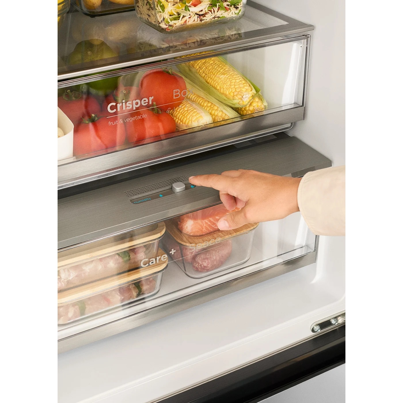 Frigider No Frost French Door cu usi din sticla CREATE, Studio Pro Flex, capacitate 401 litri, H 190 cm, congelator 149 litri, Tehnologie Inverter, 3 rafturi din sticla, 4 compartimente pe usa, sistem Care, functie Multi Air Flow, sticla mata, bej