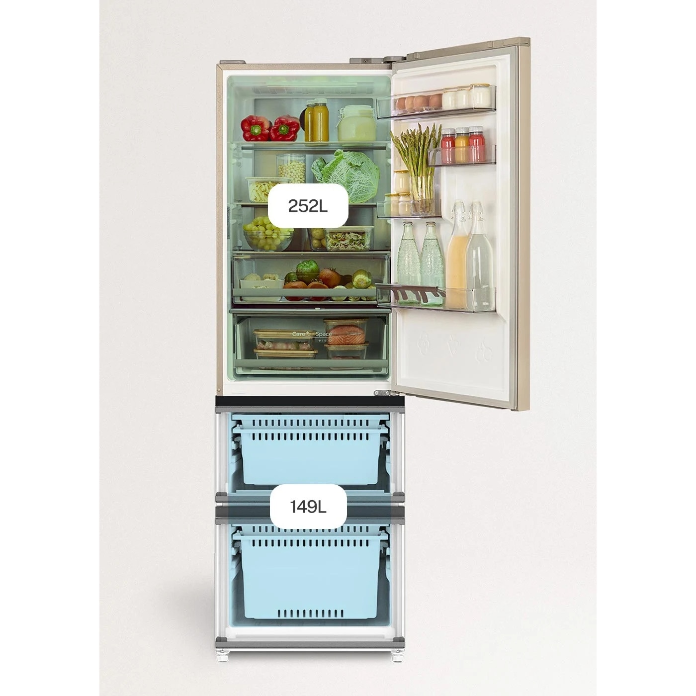 Frigider No Frost French Door cu usi din sticla CREATE, Studio Pro Flex, capacitate 401 litri, H 190 cm, congelator 149 litri, Tehnologie Inverter, 3 rafturi din sticla, 4 compartimente pe usa, sistem Care, functie Multi Air Flow, sticla mata, bej
