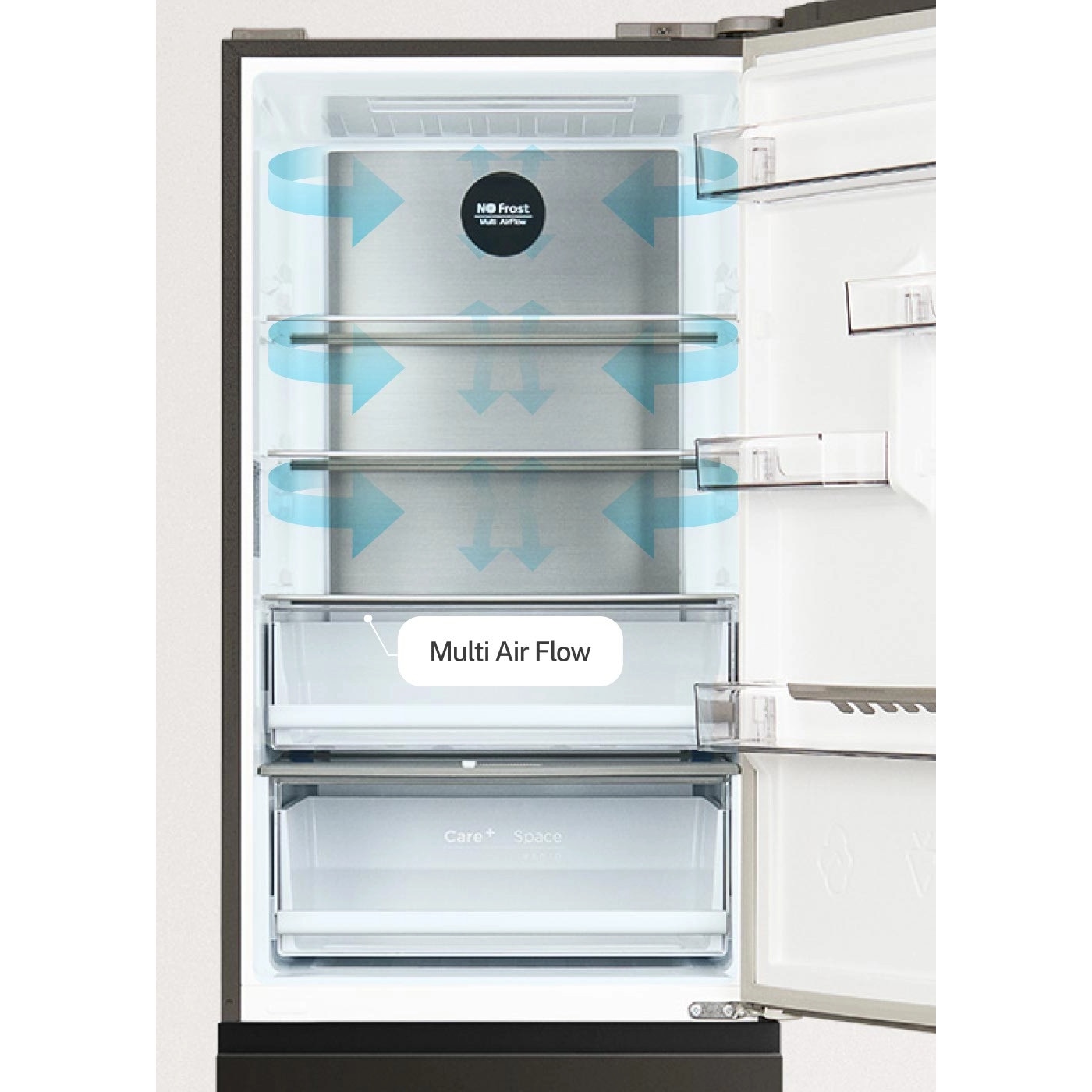 Frigider No Frost French Door cu usi din sticla CREATE, Studio Pro Flex, capacitate 401 litri, H 190 cm, congelator 149 litri, Tehnologie Inverter, 3 rafturi din sticla, 4 compartimente pe usa, sistem Care, functie Multi Air Flow, sticla mata, bej