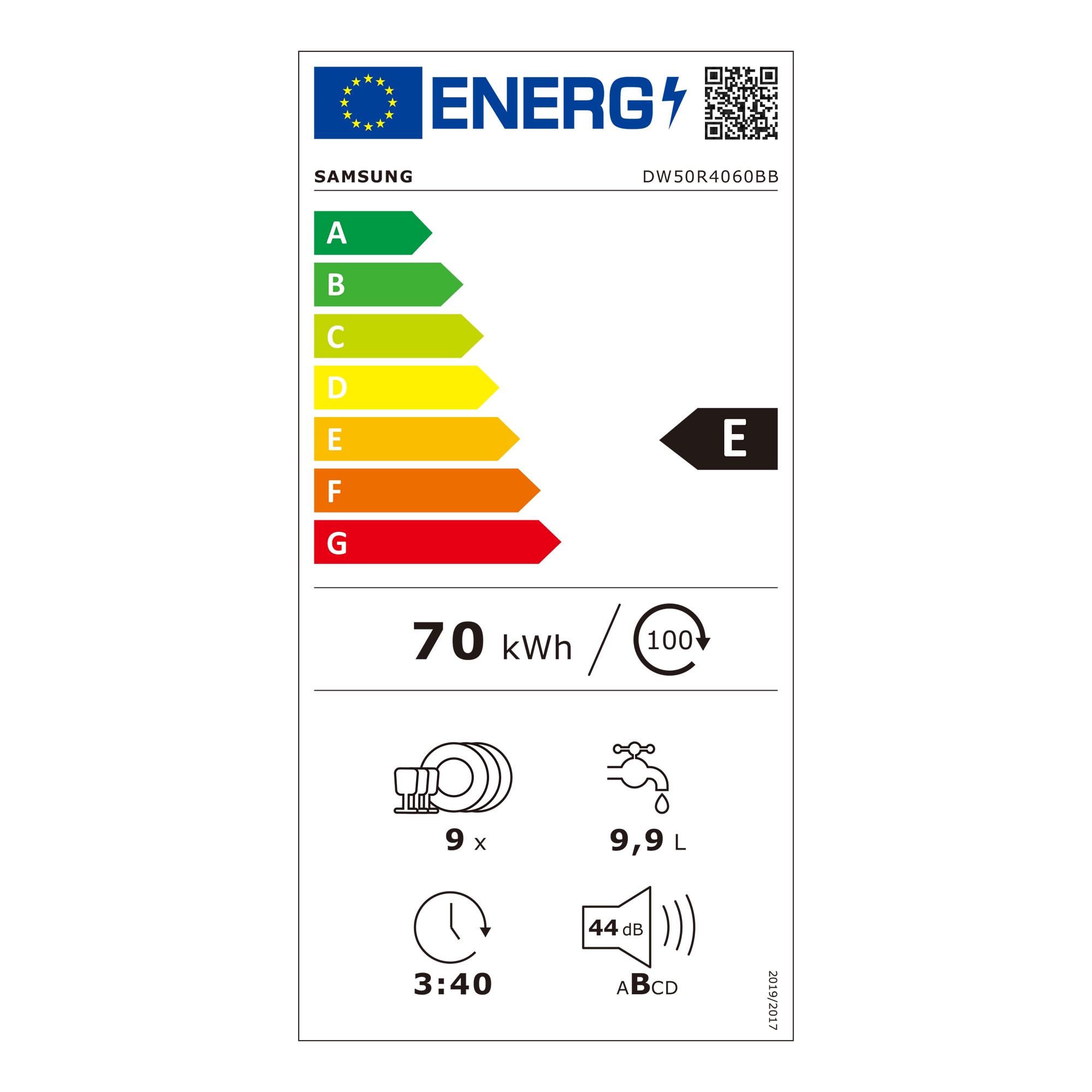 Masina de spalat vase incorporabila Samsung DW50R4060BB/EO, 9 seturi, 6 programe, Clasa E, 45 cm