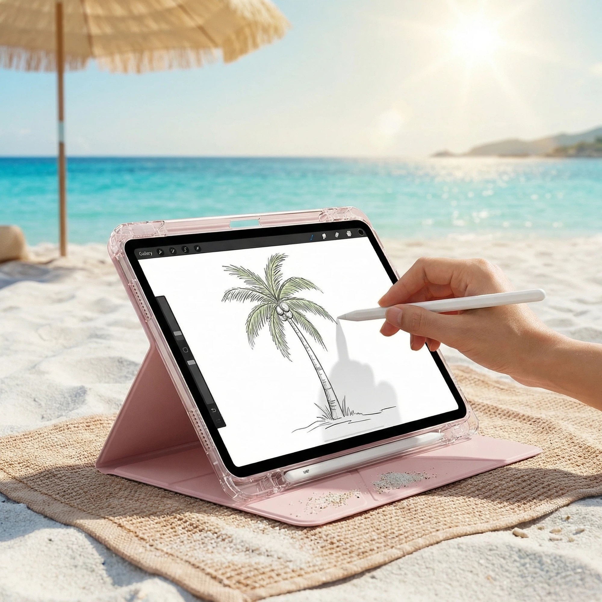 Husa de protectie pentru tableta iPad Air 7 (2025, 11"), pliere 3+Y, suport portret si peisaj, rama transparenta, cu suport pentru creion, Ugo®, roz