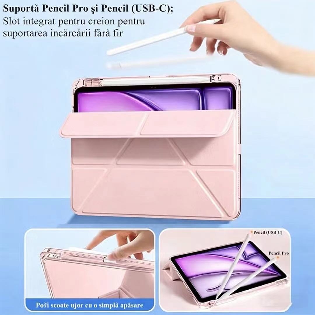 Husa de protectie pentru tableta iPad Air 7 (2025, 11"), pliere 3+Y, suport portret si peisaj, rama transparenta, cu suport pentru creion, Ugo®, roz