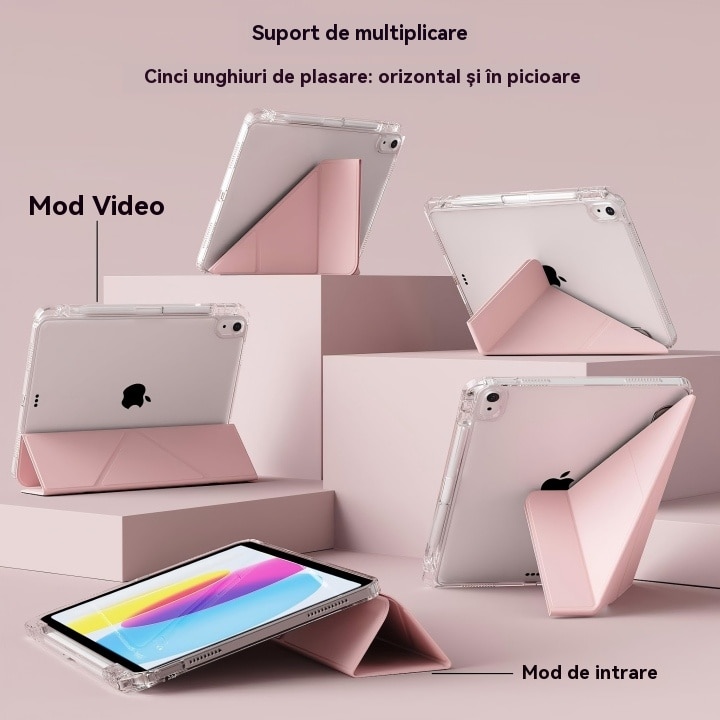 Husa de protectie pentru tableta iPad Air 7 (2025, 11"), pliere 3+Y, suport portret si peisaj, rama transparenta, cu suport pentru creion, Ugo®, roz