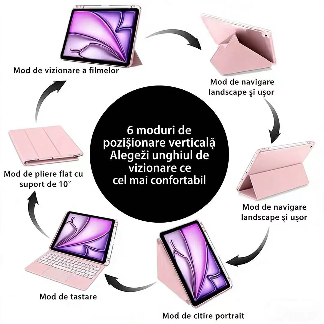 Husa de protectie pentru tableta iPad Air 7 (2025, 11"), pliere 3+Y, suport portret si peisaj, rama transparenta, cu suport pentru creion, Ugo®, roz