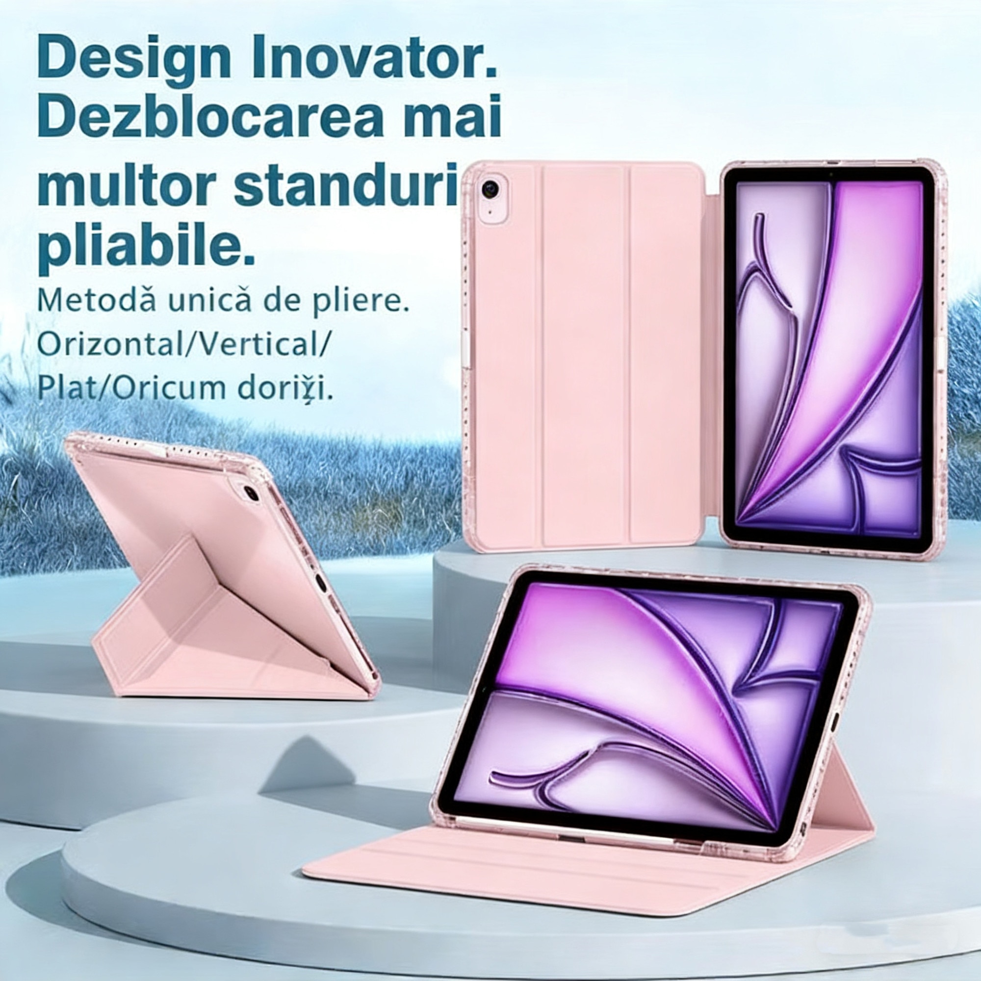 Husa de protectie pentru tableta iPad Air 7 (2025, 11"), pliere 3+Y, suport portret si peisaj, rama transparenta, cu suport pentru creion, Ugo®, roz