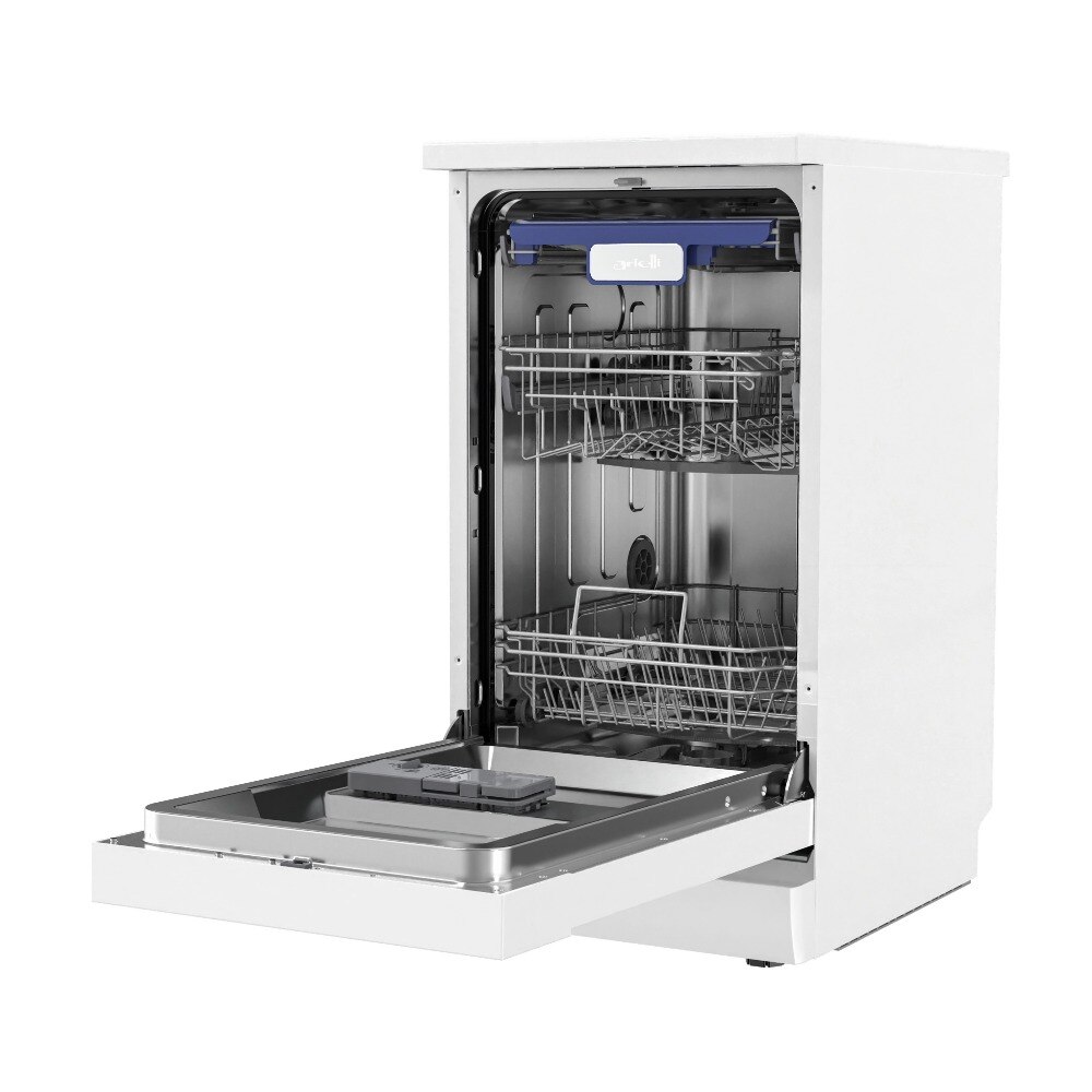 Masina de spalat vase Slim Arielli ADW8-7632C White, Autocuratare, AquaStop, Incarcare pe jumatate, Start intarziat, 10 seturi, 6 programe, 45 cm, Clasa E, Alba