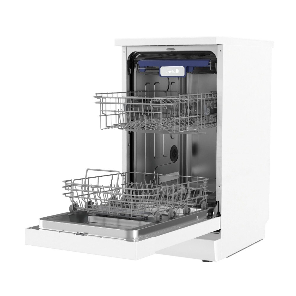 Masina de spalat vase Slim Arielli ADW8-7632C White, Autocuratare, AquaStop, Incarcare pe jumatate, Start intarziat, 10 seturi, 6 programe, 45 cm, Clasa E, Alba