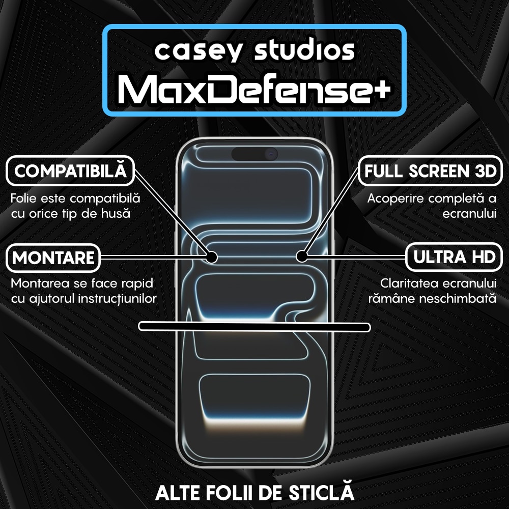 Folie Sticla Mata CASEY STUDIOS™ compatibila cu Apple iPhone 17 Pro, Full Cover 3D, Full Glue, Sticla Securizata, Duritate Militara, Ultra HD, Protectie Profesionala Ecran 3D, Anti Zgarieturi, Anti Socuri