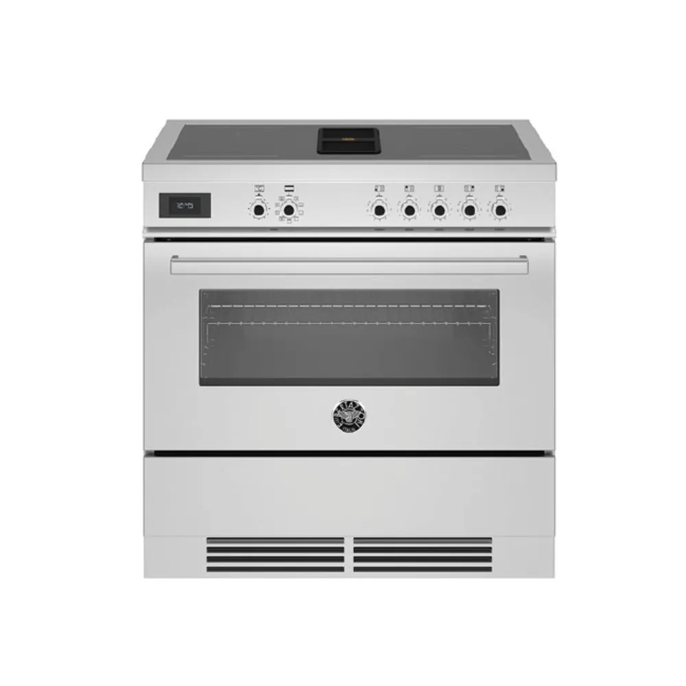 Aragaz electric cu plita pe inductie si hota integrata clasa A Bertazzoni, colectie Professional, Air-Tec, 90 cm, 10 programe cuptor, 4 zone gatire plita, temperatura reglabila, iluminare interioara duala, 2 zone Flex/Bridge, 9 trepte viteza hota, inox