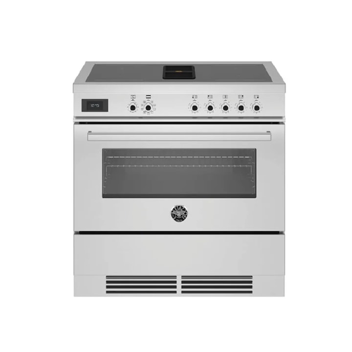 Aragaz electric cu plita pe inductie si hota integrata clasa A Bertazzoni, colectie Professional, Air-Tec, 90 cm, 10 programe cuptor, 4 zone gatire plita, temperatura reglabila, iluminare interioara duala, 2 zone Flex/Bridge, 9 trepte viteza hota, inox