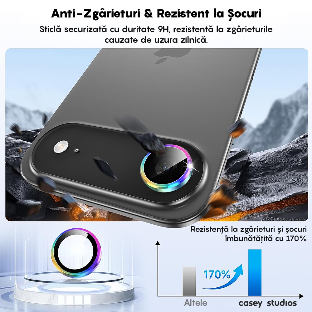 Folie Protectie Lentile Camera compatibila cu Apple iPhone 17 Air, CASEY STUDIOS™ MaxDefense+, Ultra HD, Anti Amprente, Anti Zgarieturi, Anti Socuri, Rainbow