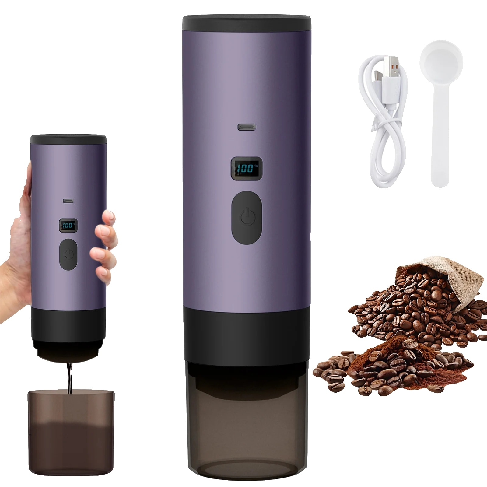 Cafetiera electrica portabila, 3 in 1, 15Bar, 72W, mov inchis, 90ml