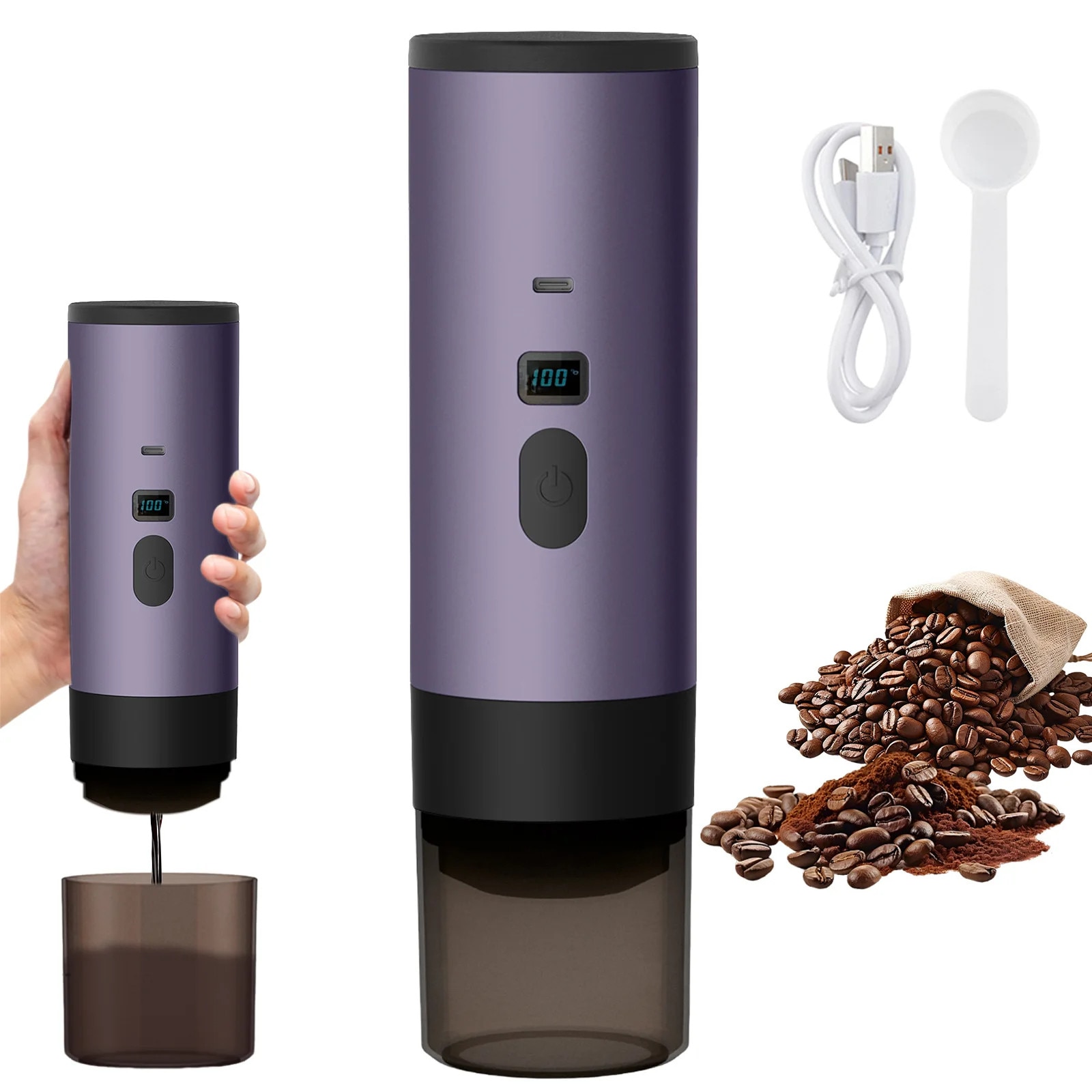 Cafetiera electrica portabila, 3 in 1, 15Bar, 72W, mov inchis, 90ml