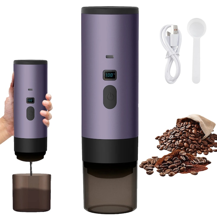 Cafetiera electrica portabila, 3 in 1, 15Bar, 72W, mov inchis, 90ml