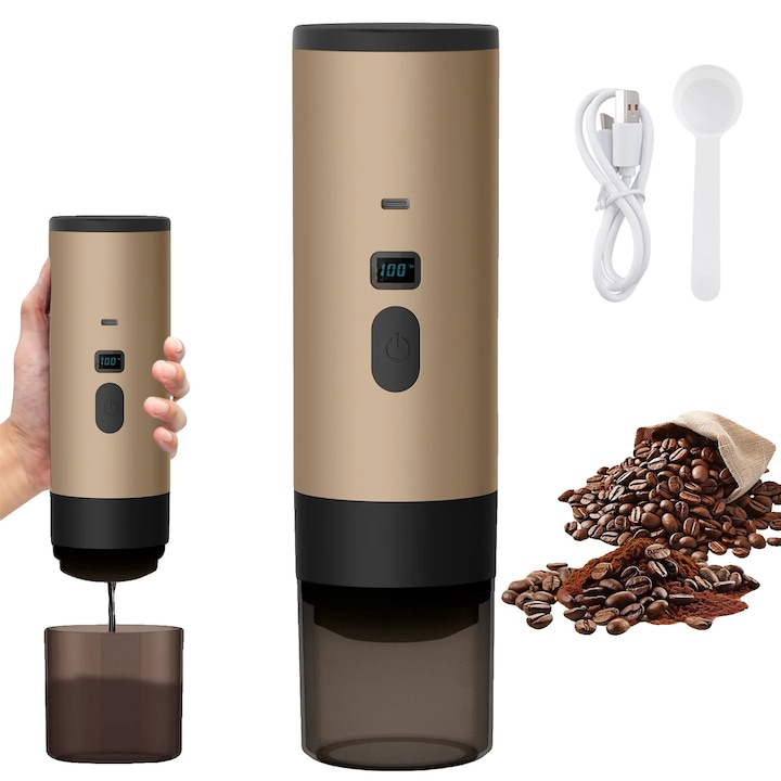 Cafetiera electrica portabila 3 in 1, 90ml, maro sampanie, design compact