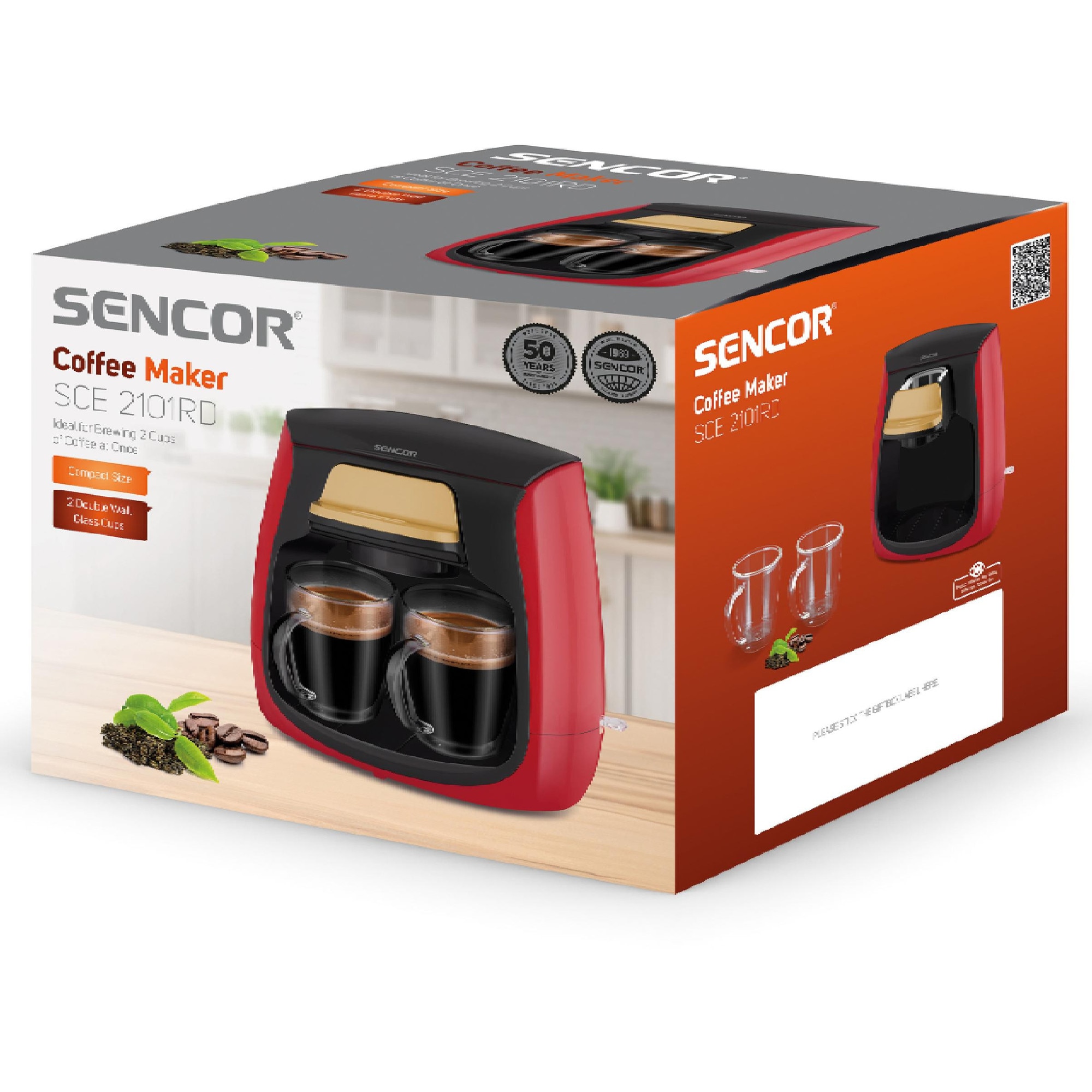 Ekspres de cafea Sencor SCE 2101RD 500W, 0.3L, rosu, set cu 2 cesti