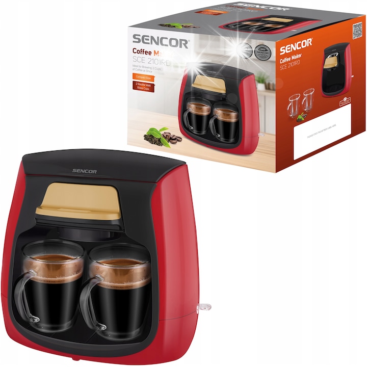 Ekspres de cafea Sencor SCE 2101RD 500W, 0.3L, rosu, set cu 2 cesti