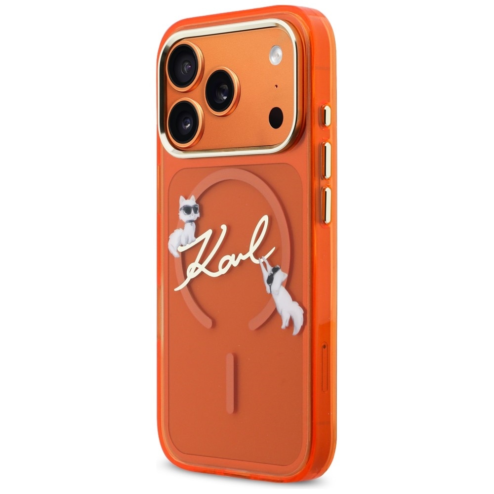 Carcasa Karl Lagerfeld IML Choupettes Karl Script Logo cu MagSafe compatibila cu iPhone 17 Pro Max, Portocaliu