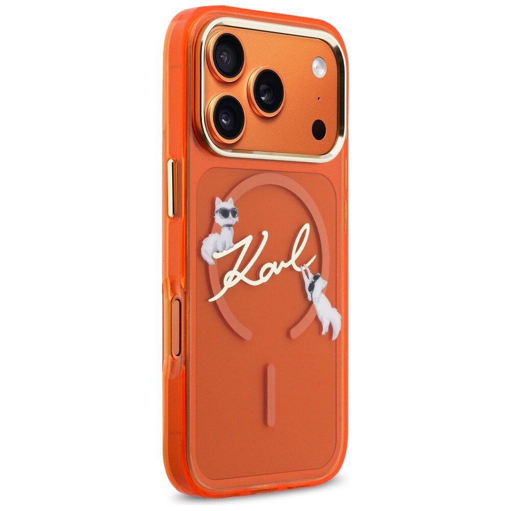 Carcasa Karl Lagerfeld IML Choupettes Karl Script Logo cu MagSafe compatibila cu iPhone 17 Pro Max, Portocaliu