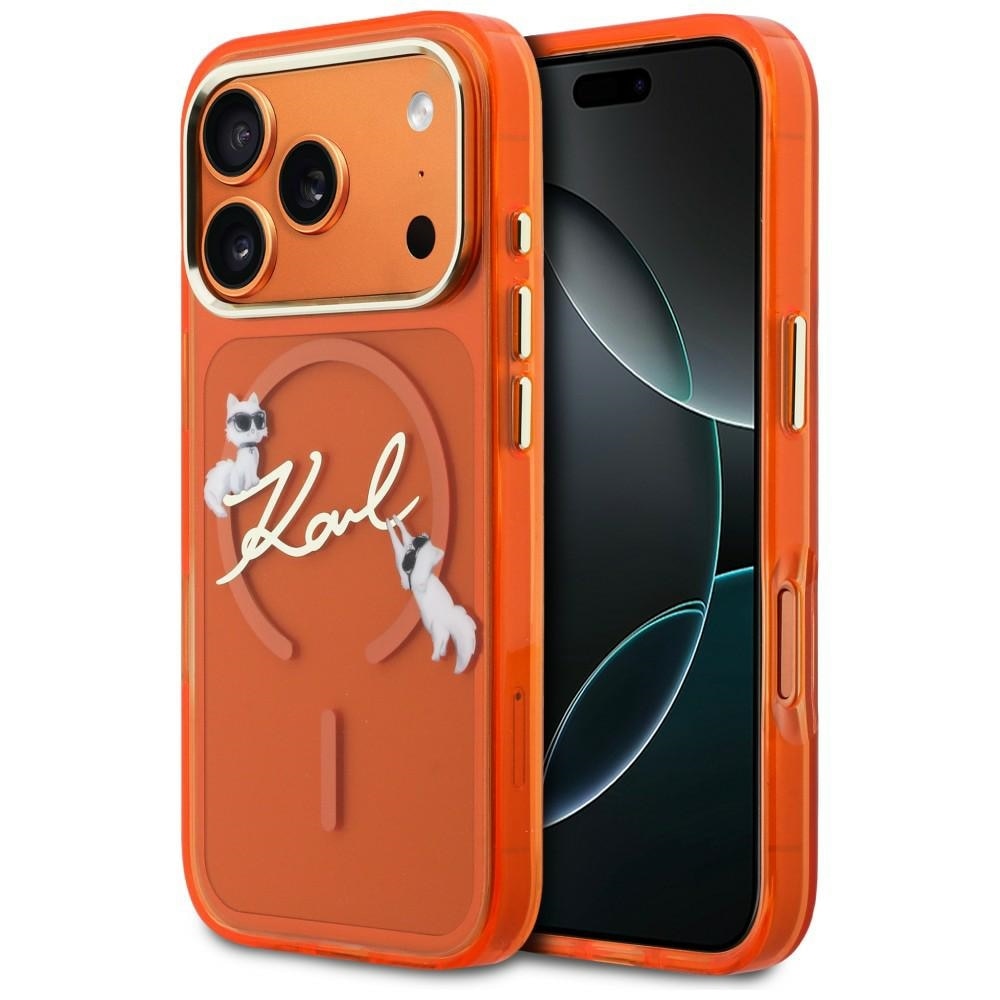 Carcasa Karl Lagerfeld IML Choupettes Karl Script Logo cu MagSafe compatibila cu iPhone 17 Pro Max, Portocaliu