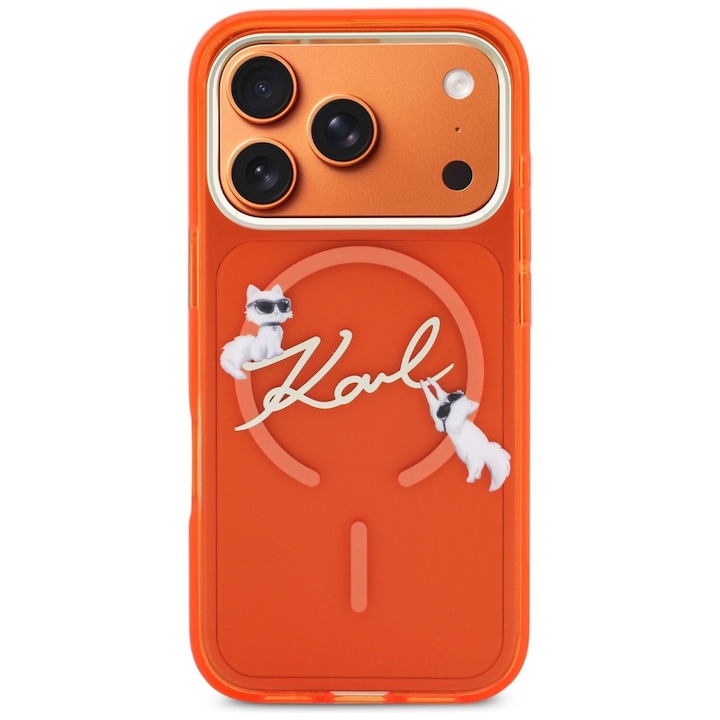 Carcasa Karl Lagerfeld IML Choupettes Karl Script Logo cu MagSafe compatibila cu iPhone 17 Pro Max, Portocaliu