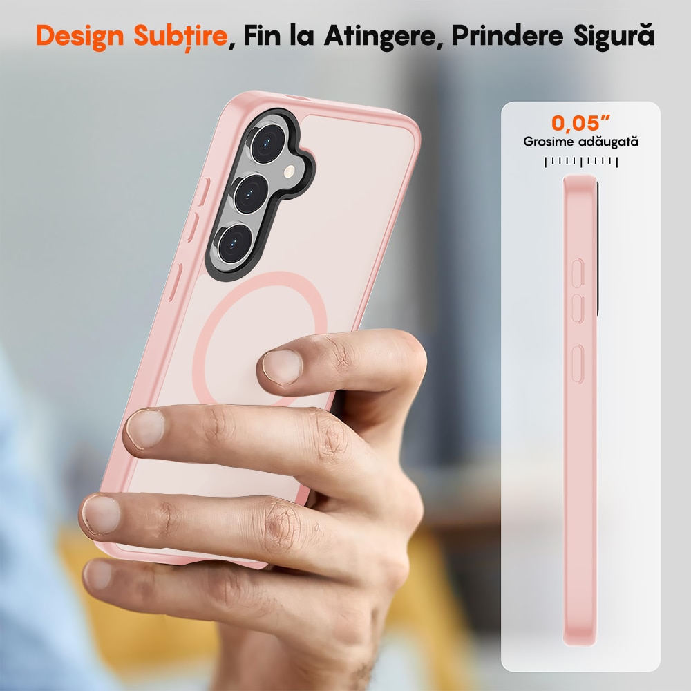 Husa compatibila cu Incarcare Magsafe pentru Samsung Galaxy S24, CASEY STUDIOS™, de Protectie, Slim, pentru Incarcare Wireless, Margini Ridicate pentru Protectia Ecranului si a Camerelor, Roz