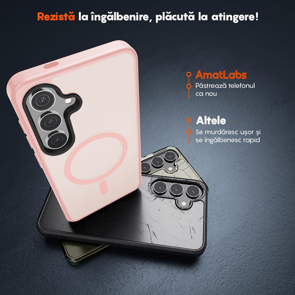 Husa compatibila cu Incarcare Magsafe pentru Samsung Galaxy S24, CASEY STUDIOS™, de Protectie, Slim, pentru Incarcare Wireless, Margini Ridicate pentru Protectia Ecranului si a Camerelor, Roz