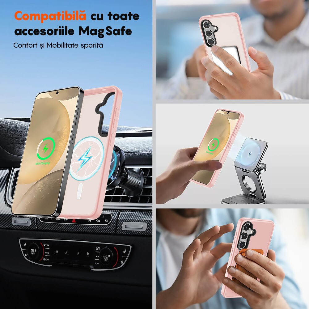 Husa compatibila cu Incarcare Magsafe pentru Samsung Galaxy S24, CASEY STUDIOS™, de Protectie, Slim, pentru Incarcare Wireless, Margini Ridicate pentru Protectia Ecranului si a Camerelor, Roz
