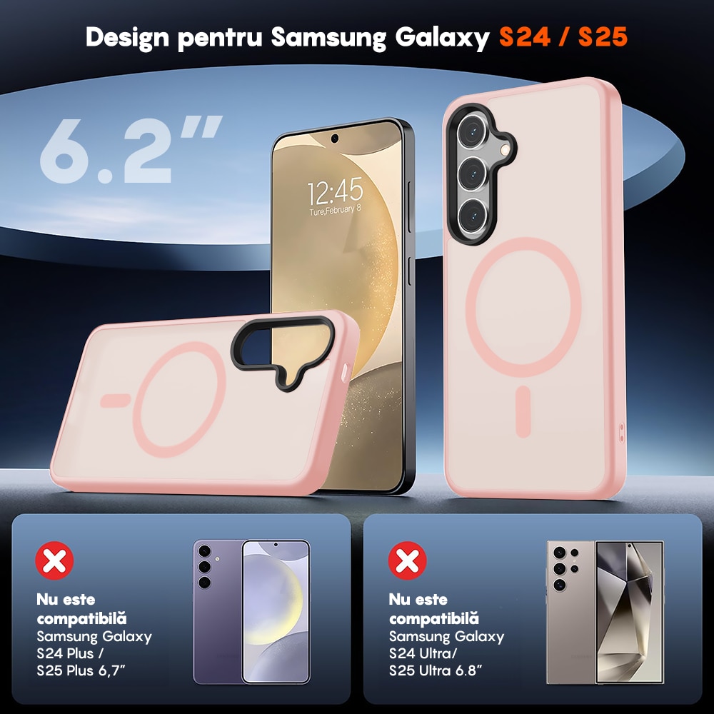 Husa compatibila cu Incarcare Magsafe pentru Samsung Galaxy S24, CASEY STUDIOS™, de Protectie, Slim, pentru Incarcare Wireless, Margini Ridicate pentru Protectia Ecranului si a Camerelor, Roz