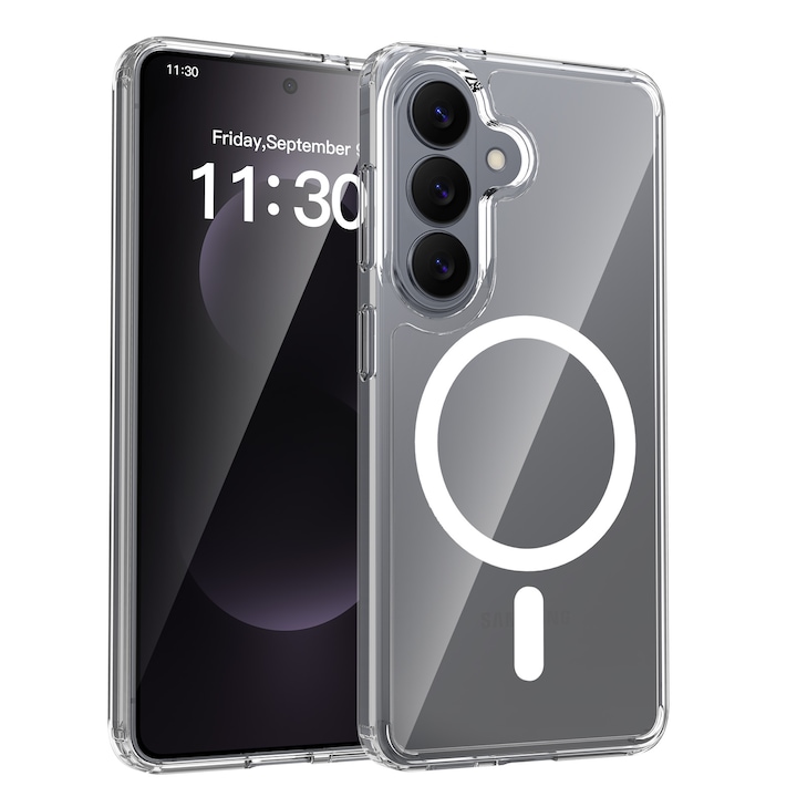 Husa de protectie pentru Samsung Galaxy S26, Omelivon, MagSafe, Incarcare Wireless, Antisoc, Margini Ridicate pentru Protectia Ecranului si a Camerelor, Materiale Premium, Transparent
