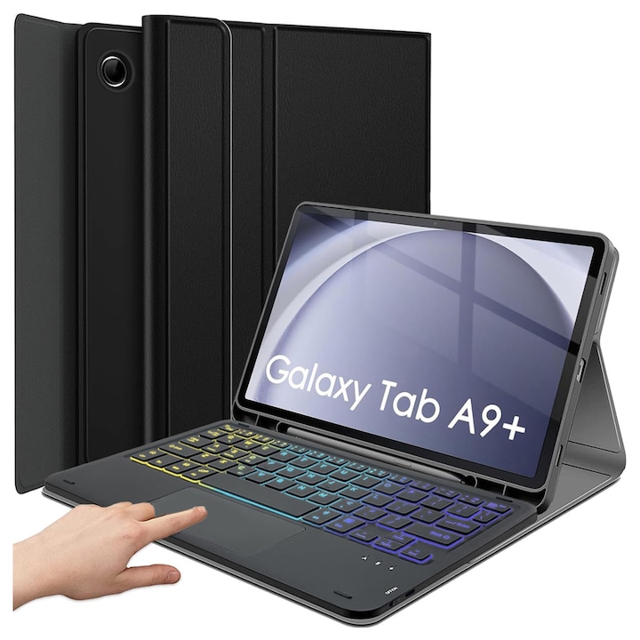 Etui cu tastatura RGB pentru Samsung Galaxy Tab A9+ Plus, wireless, iluminata, negru