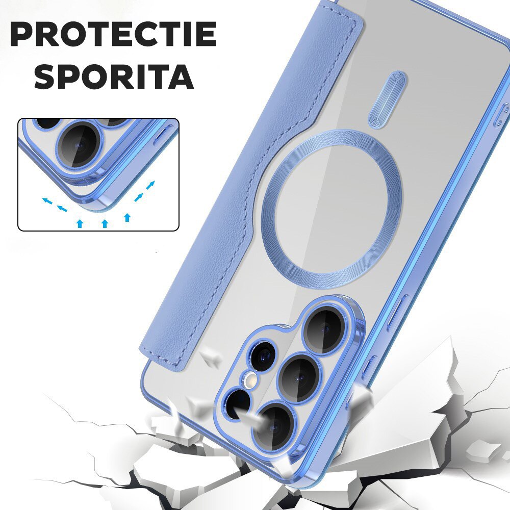 Husa tip carte pentru Samsung Galaxy S26 Ultra DaDen SmartMag, Protectie sporita, Magnet integrat, Incarcare wireless, Albastru deschis