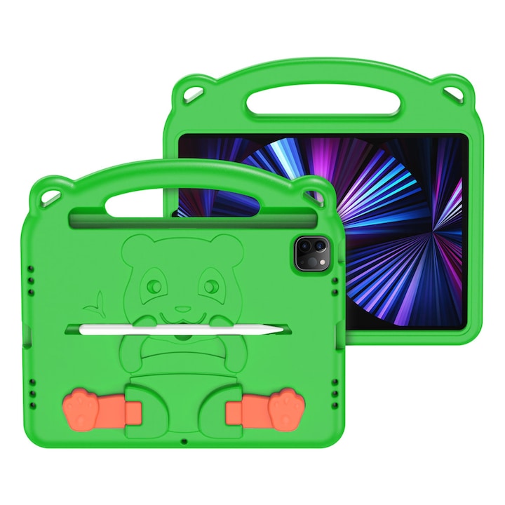 Husa spuma protectie tableta iPad PRO 2018, 2020, 2021 de 11inch si iPad Air 2020,2022 pentru copii, model Panda cu suport pentru stylus, Verde, HRT-BBL4644