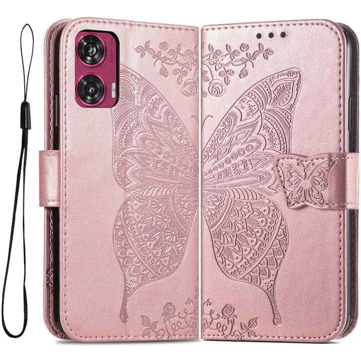 Husa pentru telefon Motorola Edge 50 Fusion 5G, XGSM, Piele ecologica, Model fluture, Roz auriu
