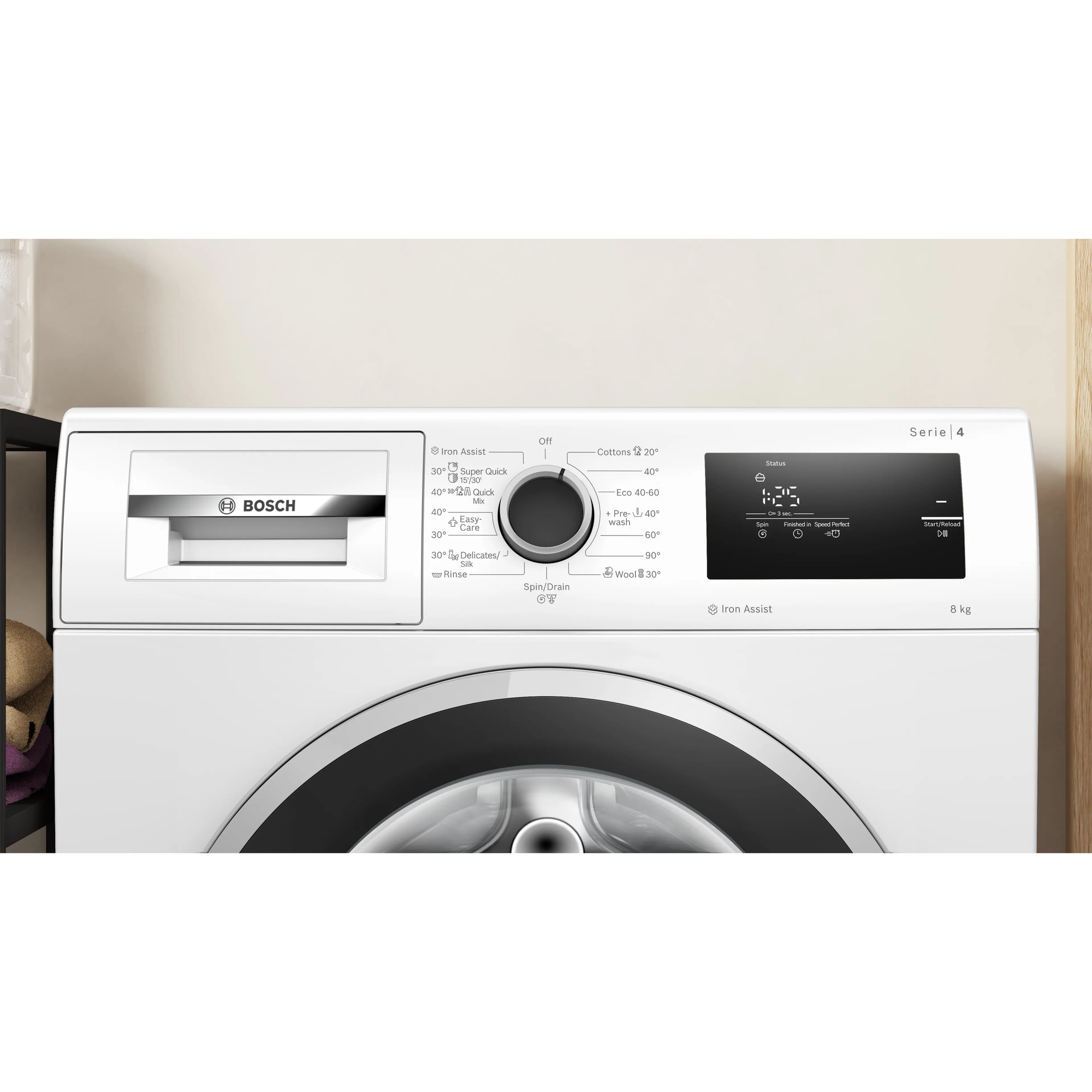 Masina de spalat rufe Bosch WAN2806NBY, 8 Kg, 1400 RPM, Iron Assist, EcoSilence Drive, Control electronic/touch, Speed Perfect, Clasa A, 60 cm, Alb/antracit
