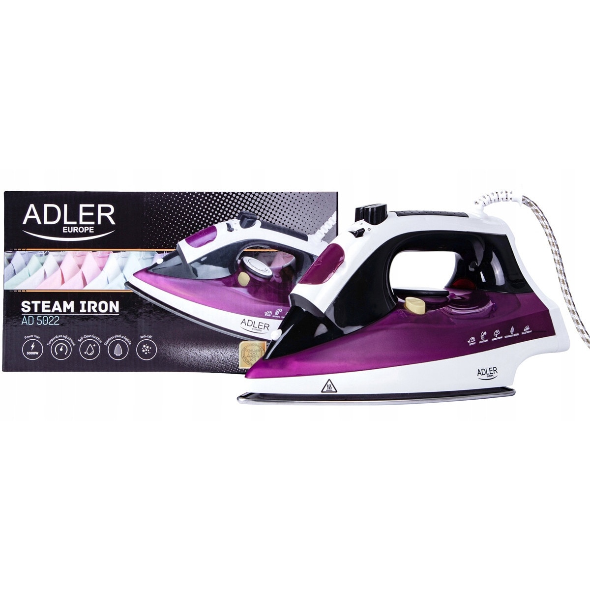 Fier de calcat cu abur Adler, 3000W, talpa din otel, functie de auto-curatare, 1.9m cablu