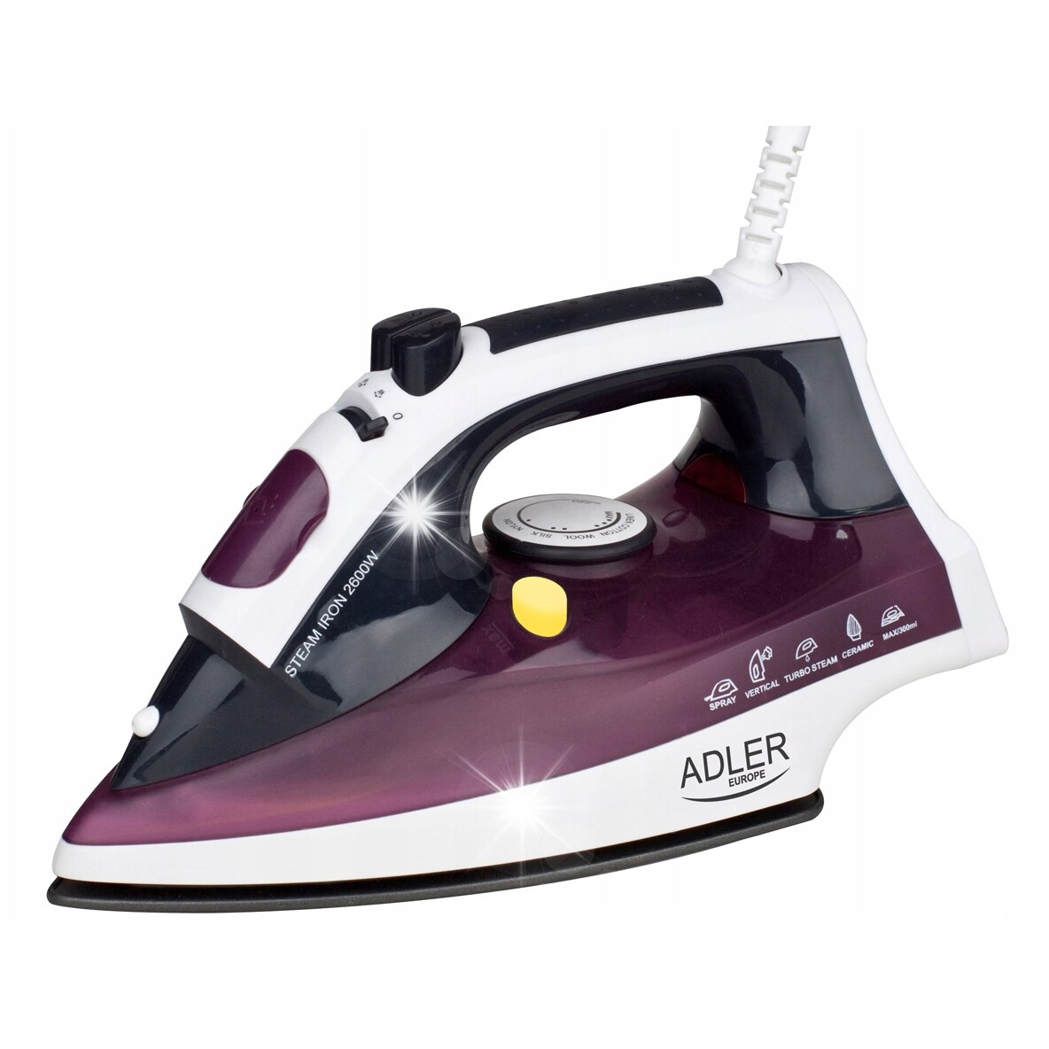 Fier de calcat cu abur Adler, 3000W, talpa din otel, functie de auto-curatare, 1.9m cablu