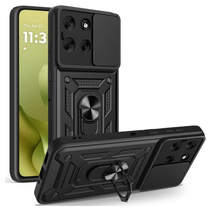 Husa Spate Upzz® Camshield Compatibila Cu Motorola Moto G86, Protectie La Camere, Inel Metalic, Stand - Negru