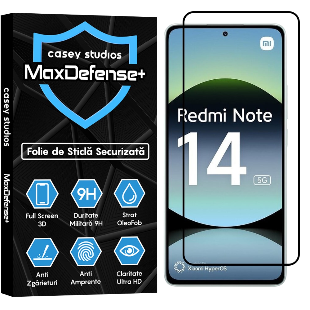 Folie Sticla CASEY STUDIOS™ compatibila cu Xiaomi Redmi Note 14, MaxDefense+, Anti Zgarieturi, Full Glue, Full Cover 3D, Protectie Ecran 3D, Duritate Ridicata, Margini Negre