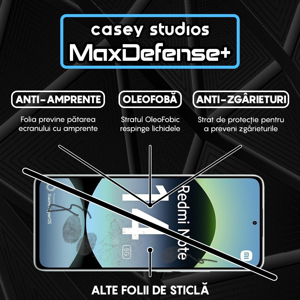 Folie Sticla CASEY STUDIOS™ compatibila cu Xiaomi Redmi Note 14, MaxDefense+, Anti Zgarieturi, Full Glue, Full Cover 3D, Protectie Ecran 3D, Duritate Ridicata, Margini Negre